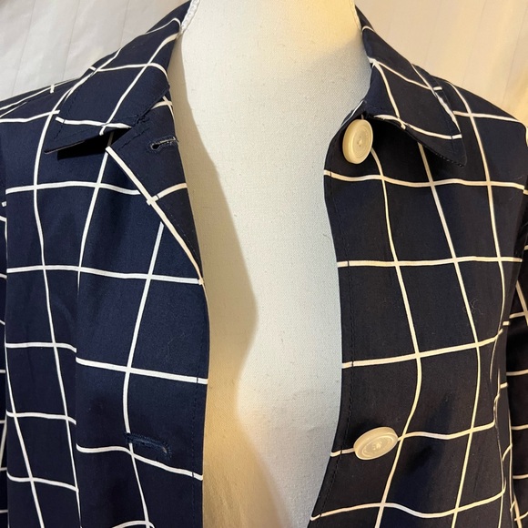 LIZ CLAIBORNE Classy Spring Checkered Long Navy Blue Coat with Pockets - Picture 3 of 13